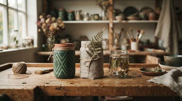 Editorial illustration for Paint, Wrap, or Embellish: How to Choose the Right Upcycled Glass Jar Technique for Your Style and Skill Level