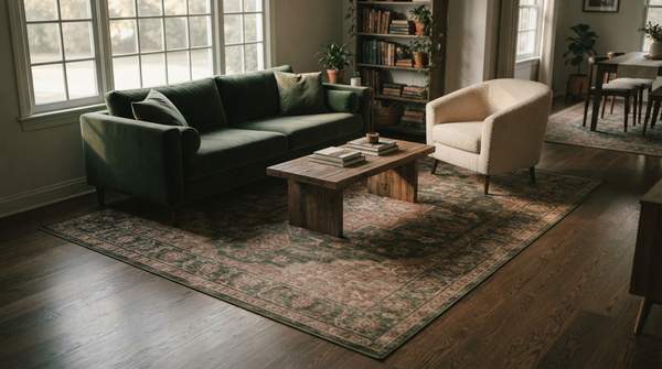 Editorial illustration for The Right Rug, Sized Right: A Room-by-Room Decision Framework for Living Rooms, Dining Rooms and Bedrooms